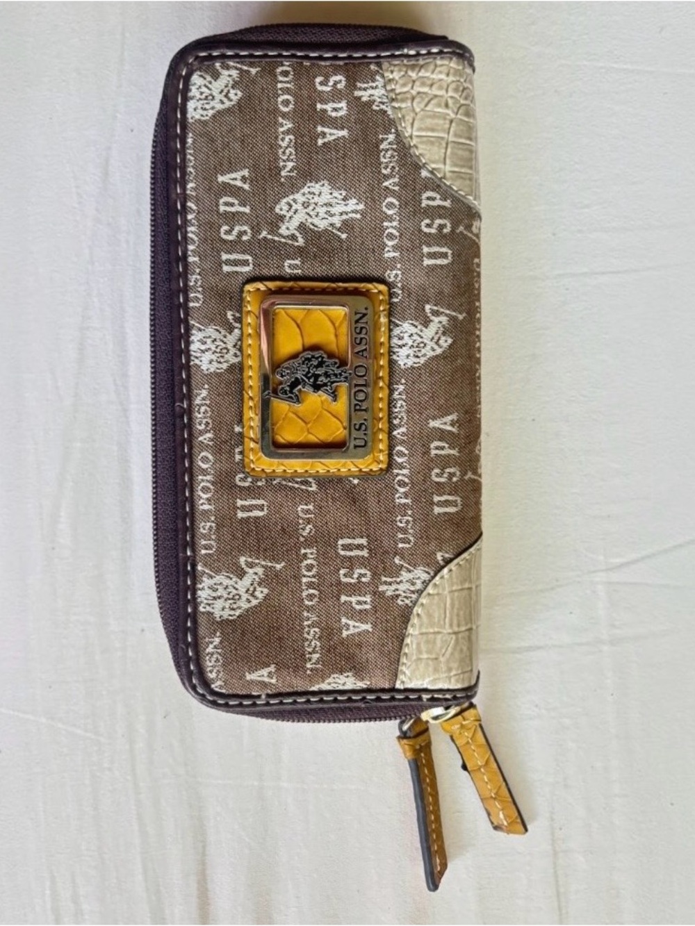 U.S. Polo Assn. Brown Monogram Double Zip Around Wallet